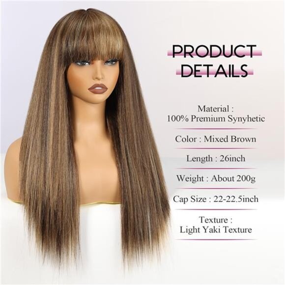 Long Straight Yaki Wigs for Women with Bangs Comfortable Elastic Band 26 - Picture 2 of 7